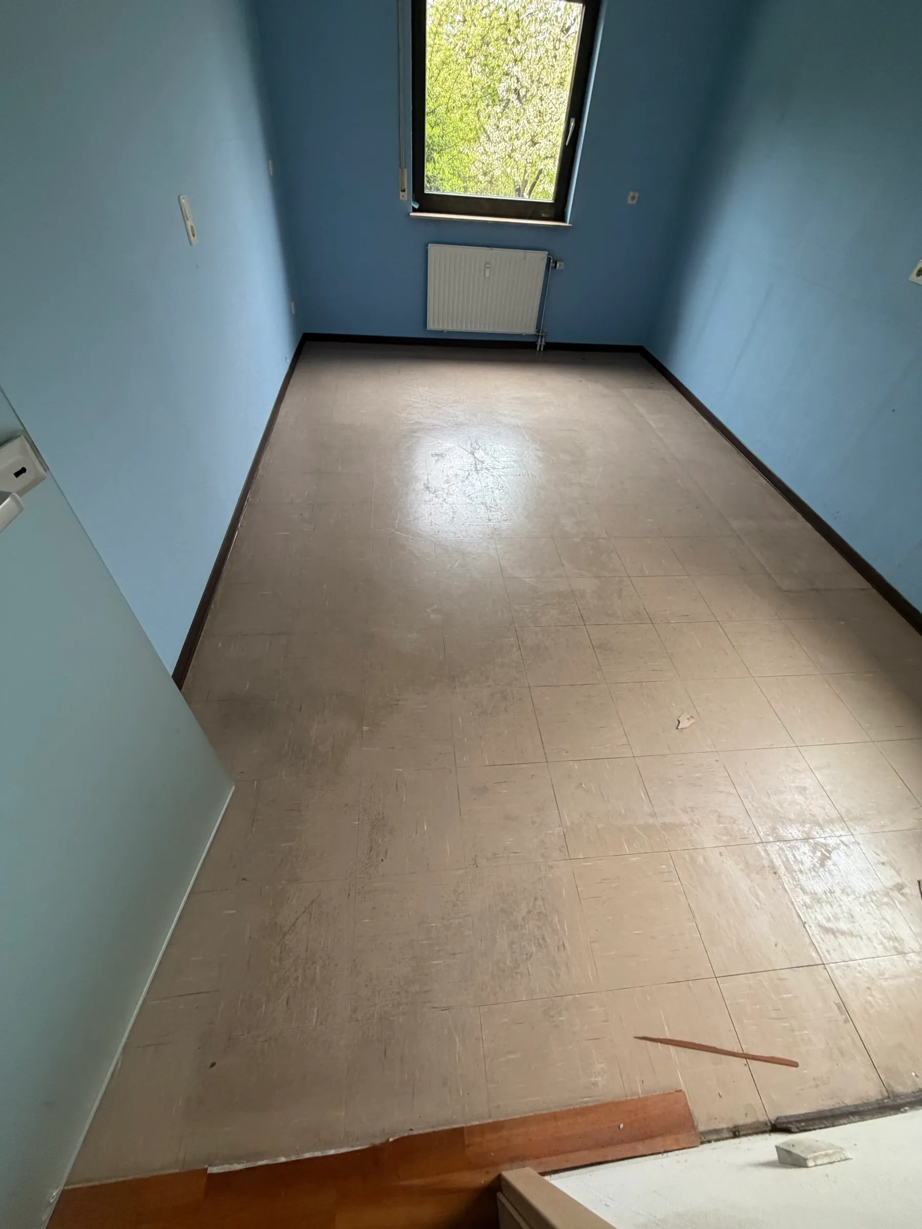 Zimmer vor der Sanierung: blaue Wände, alter Linoleumboden, Heizkörper unter dem Fenster