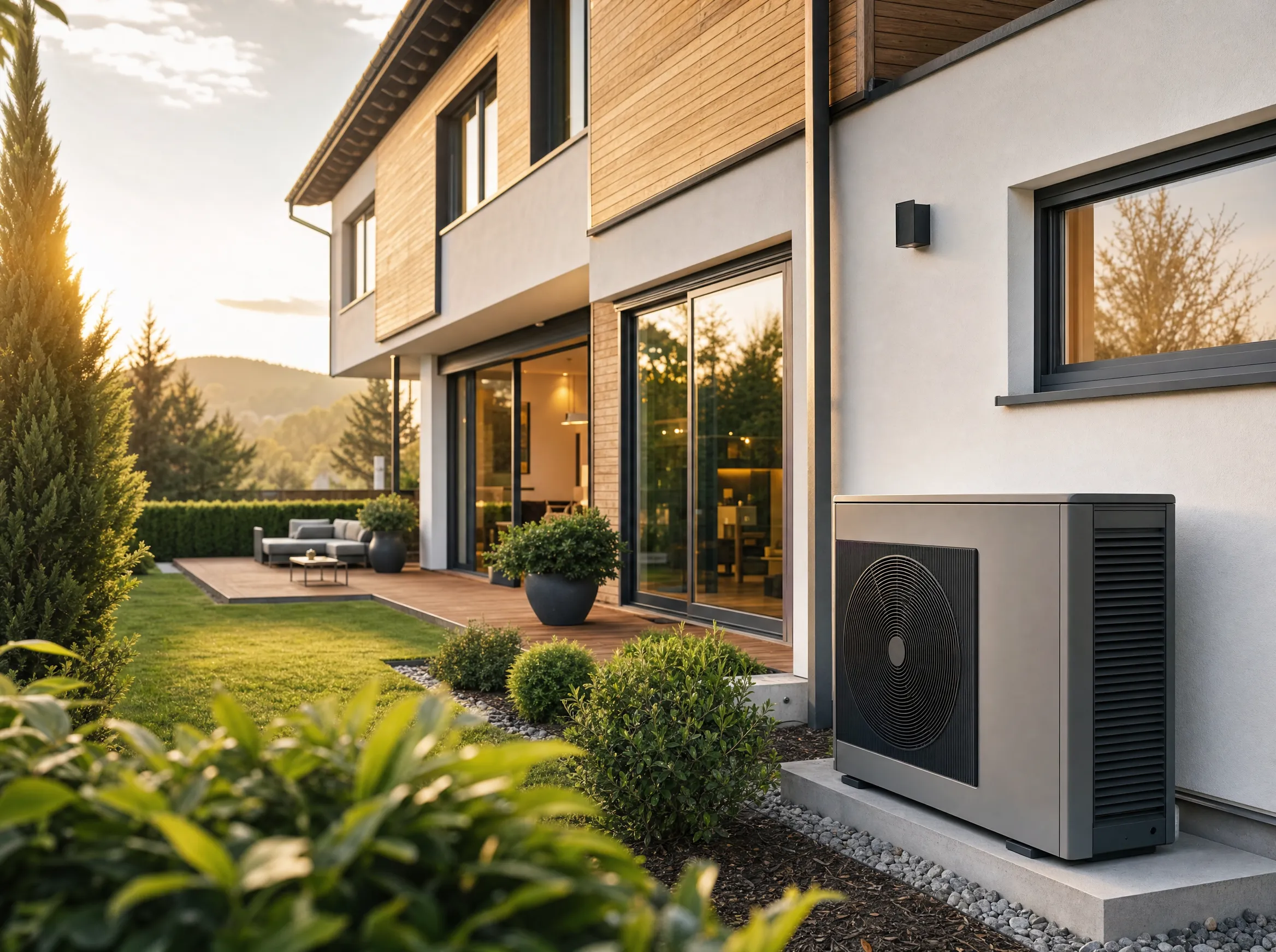 Wärmepumpe an Haus mit Holzfassade